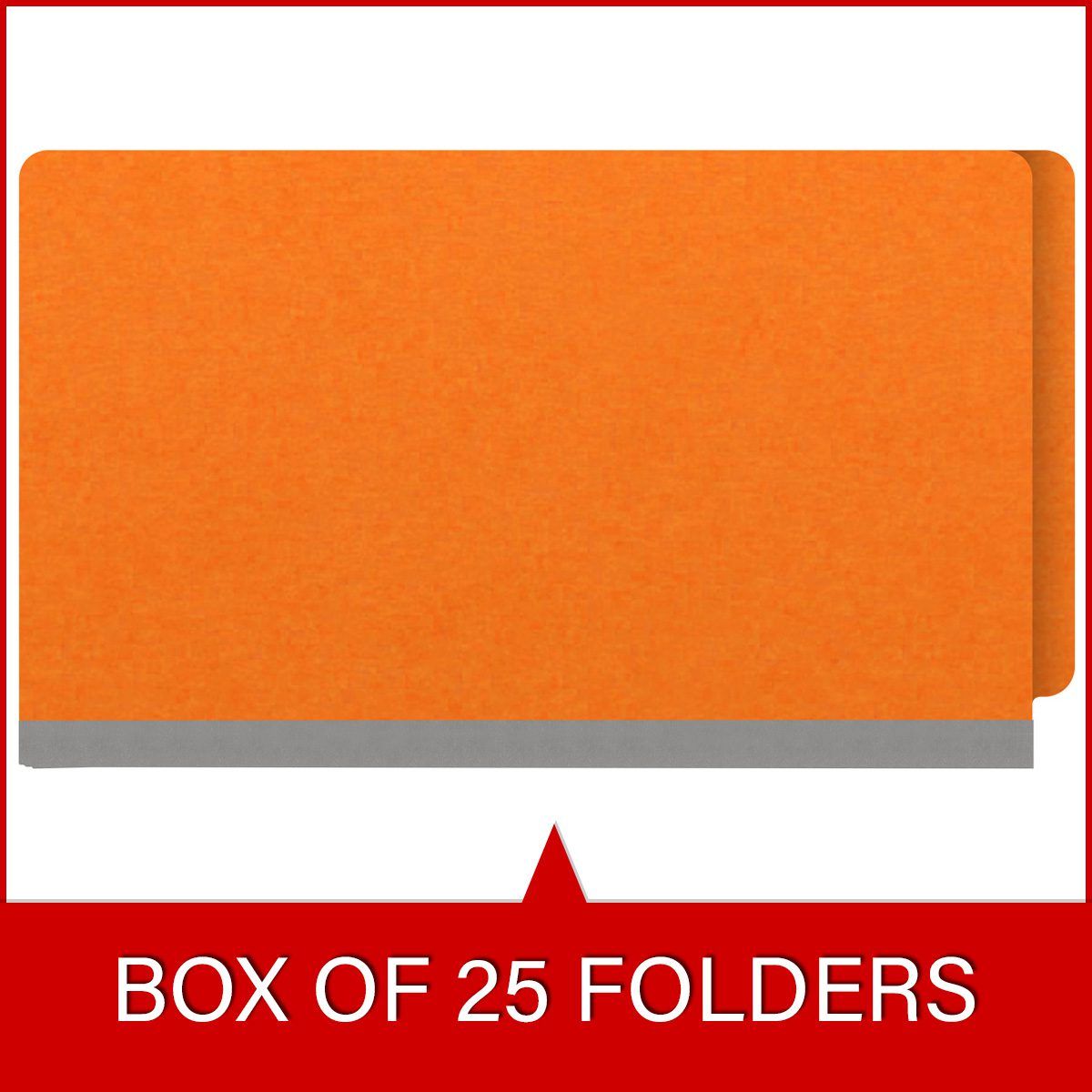 Orange legal size end tab classification folder with 2" gray tyvek expansion. 18 pt. paper stock. Packaged 25/125.