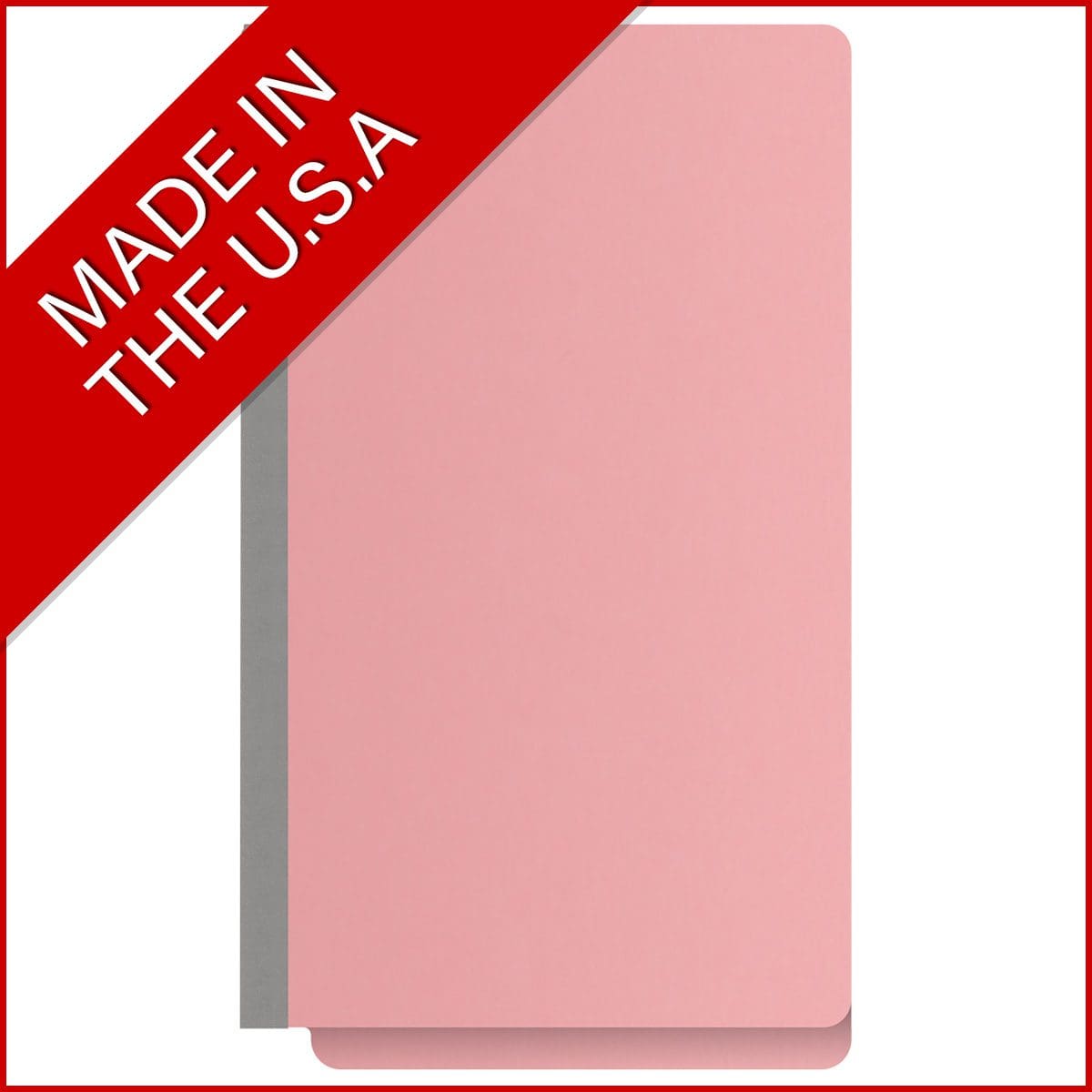 Pink legal size end tab classification folder with 2" gray tyvek expansion. 18 pt. paper stock. Packaged 25/125.