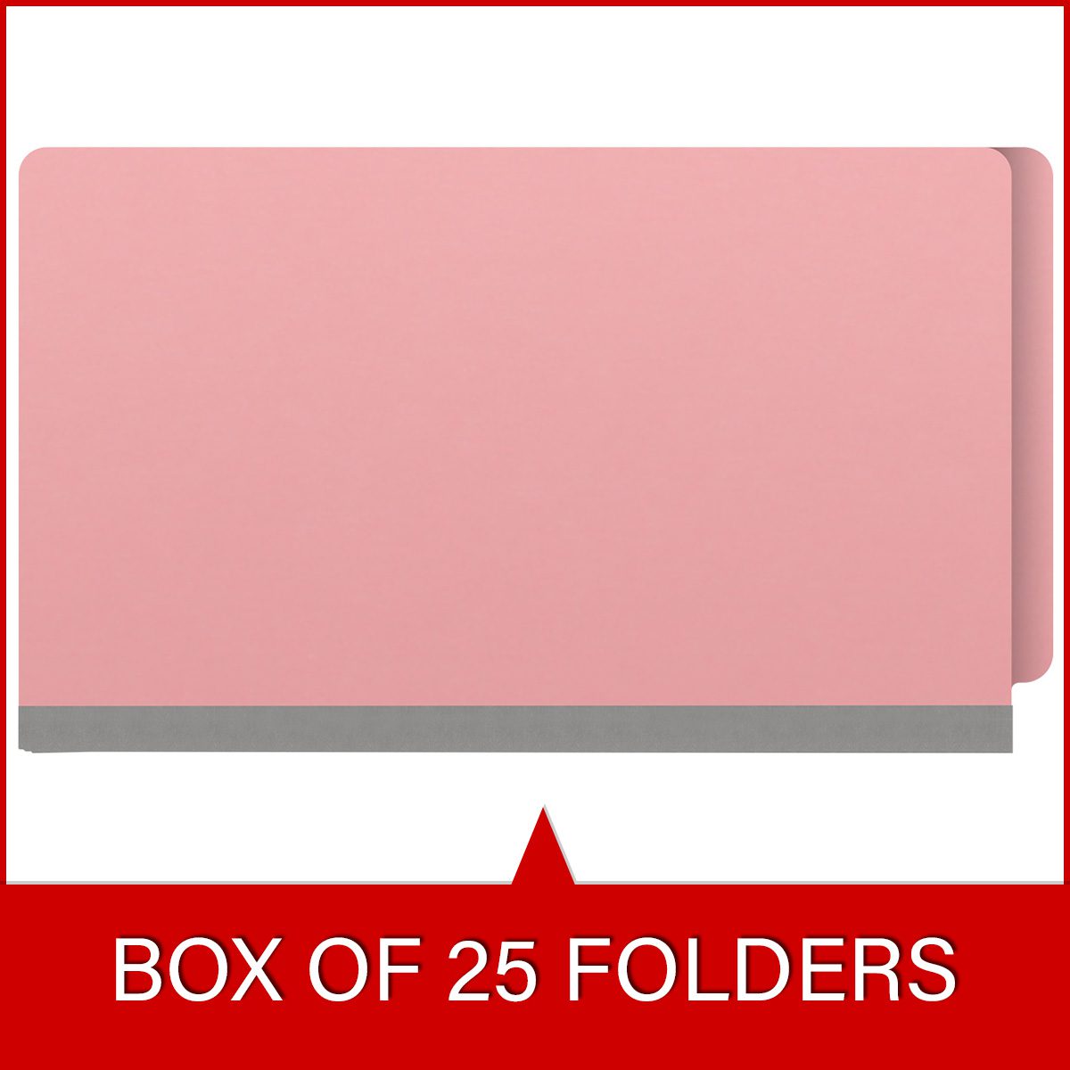 Pink legal size end tab classification folder with 2" gray tyvek expansion. 18 pt. paper stock. Packaged 25/125.