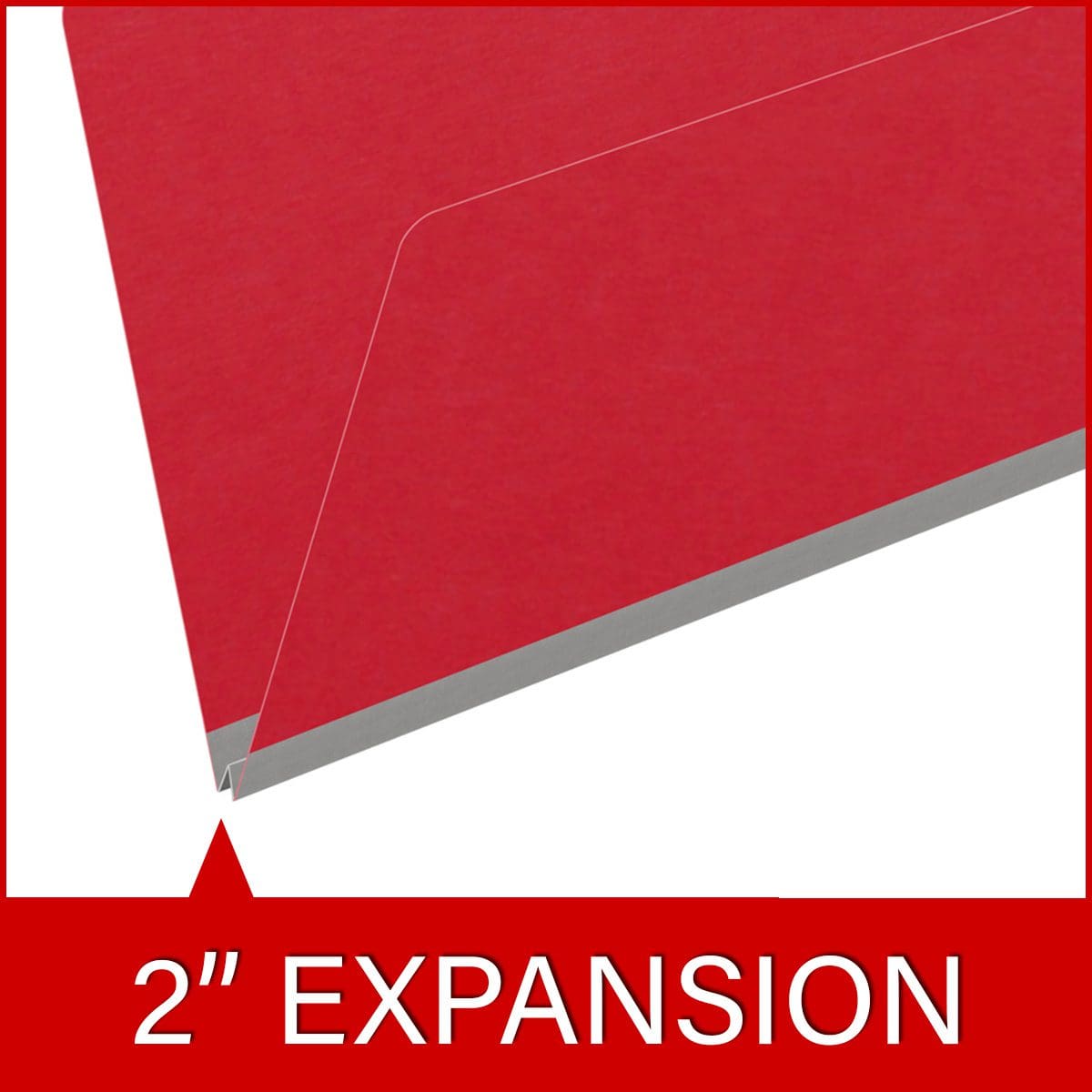 Red legal size end tab classification folder with 2" gray tyvek expansion. 18 pt. paper stock. Packaged 25/125.