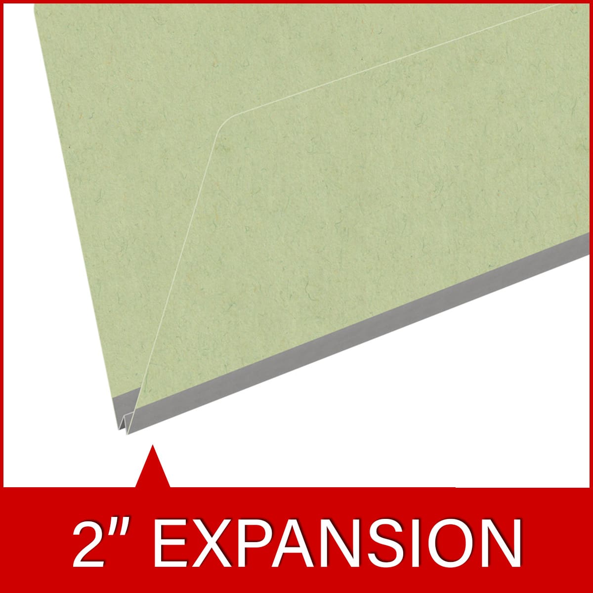 Peridot green legal size end tab classification folder with 2" dark green tyvek expansion. 25 pt type 3 pressboard stock. Packaged 25/125.