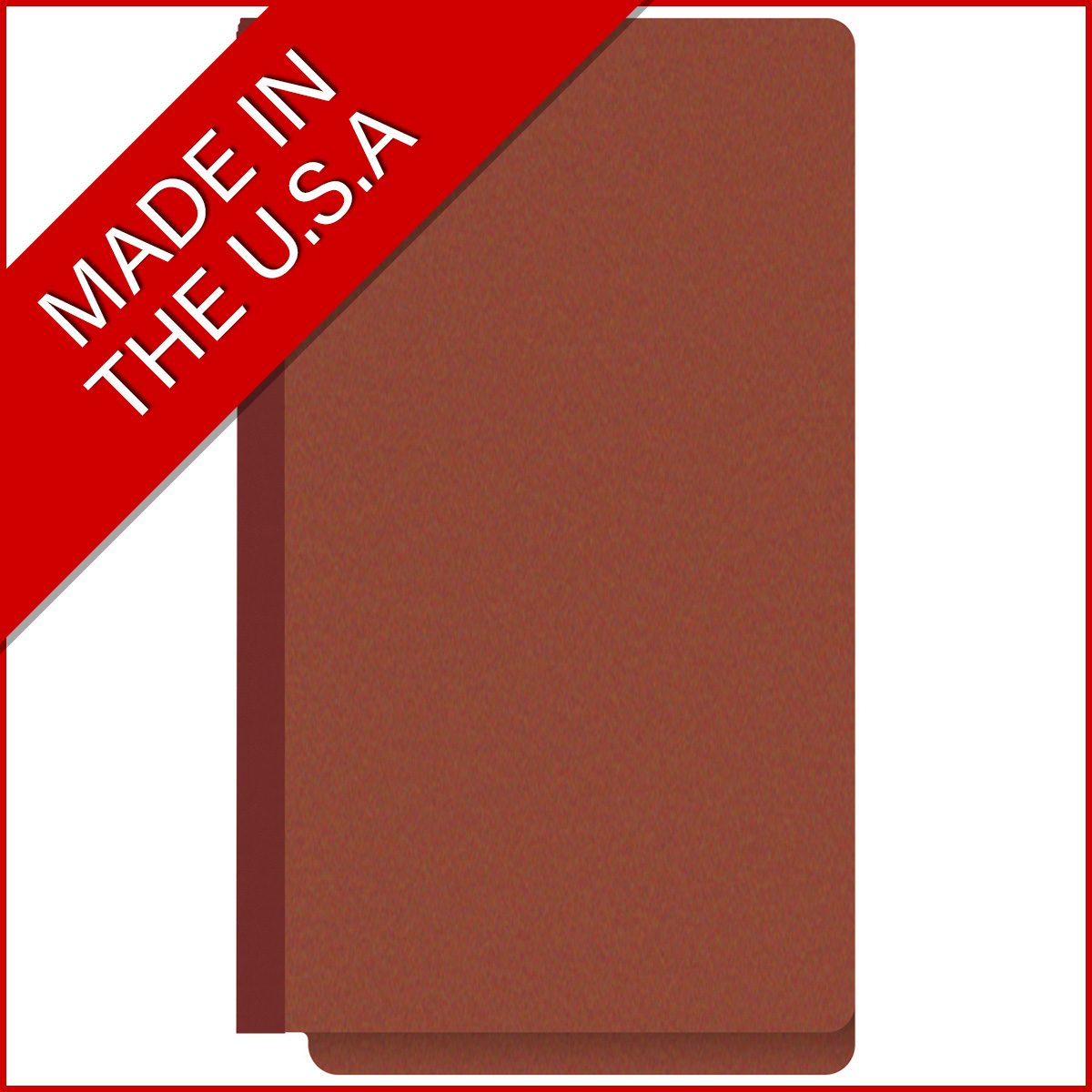 Red legal size end tab classification folder with 2" russet brown tyvek expansion. 25 pt type 3 pressboard stock. Packaged 25/125.