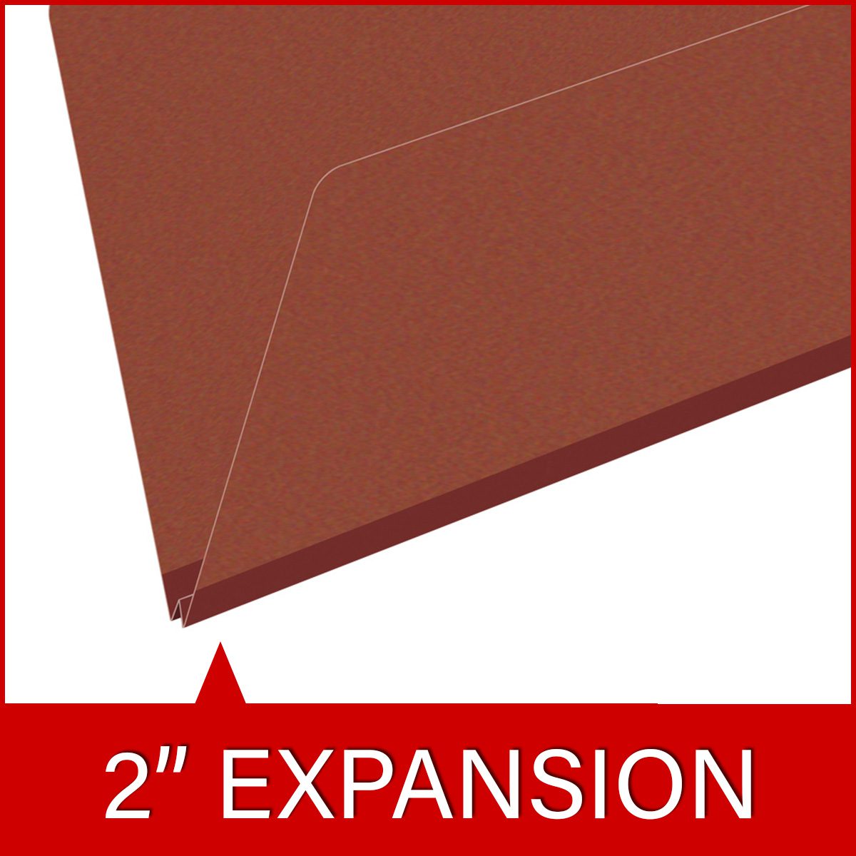 Red legal size end tab classification folder with 2" russet brown tyvek expansion. 25 pt type 3 pressboard stock. Packaged 25/125.