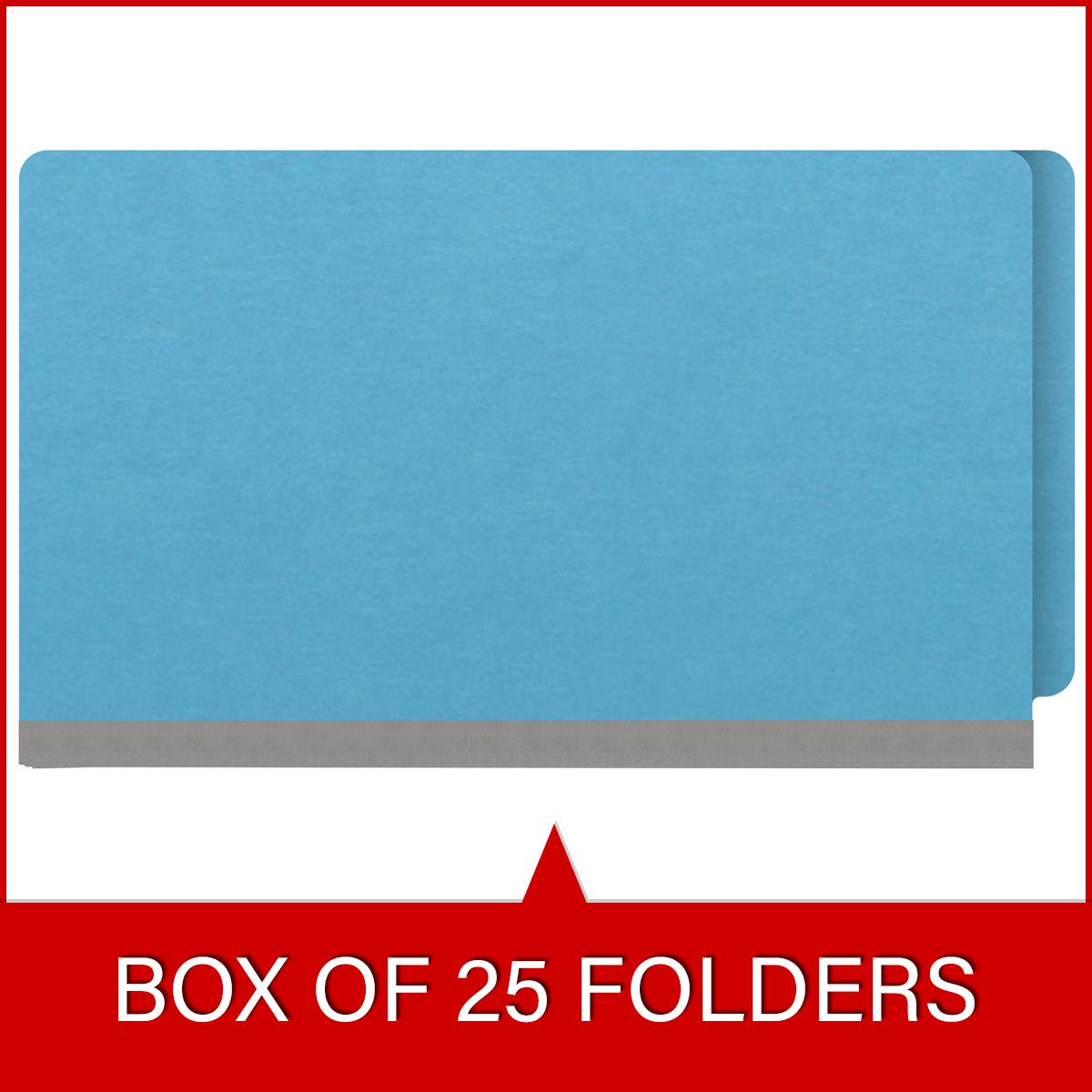 Blue legal size end tab classification folder with 2" gray tyvek expansion and 2" bonded fasteners on inside front and inside back. 18 pt. paper stock. Packaged 25/125.