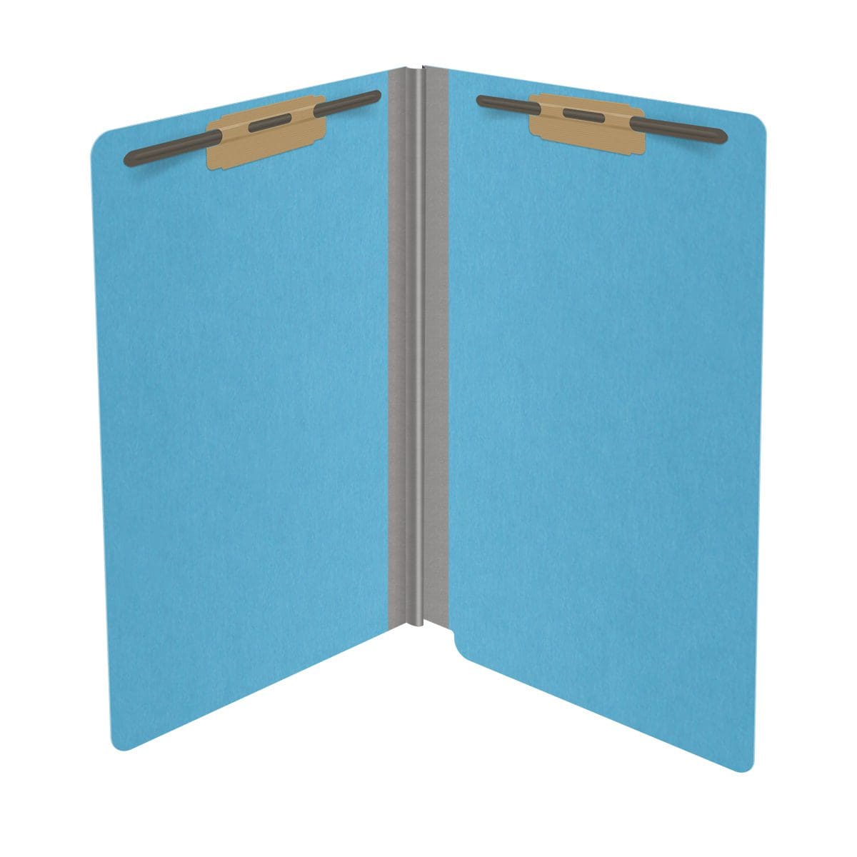 Blue legal size end tab classification folder with 2" gray tyvek expansion and 2" bonded fasteners on inside front and inside back. 18 pt. paper stock. Packaged 25/125.
