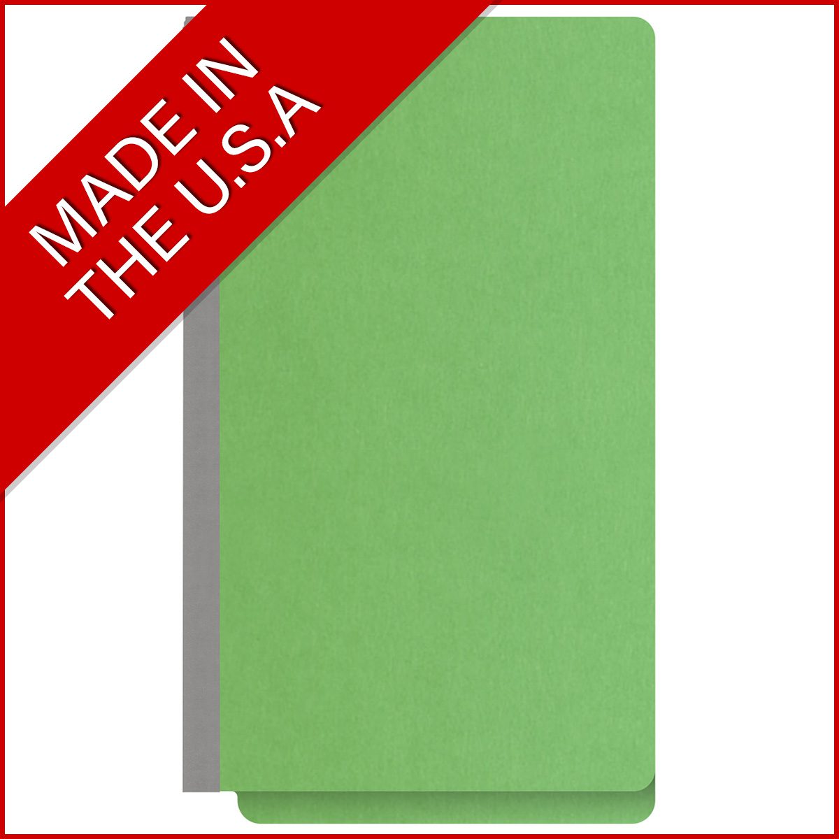 Green legal size end tab classification folder with 2" gray tyvek expansion and 2" bonded fasteners on inside front and inside back. 18 pt. paper stock. Packaged 25/125.