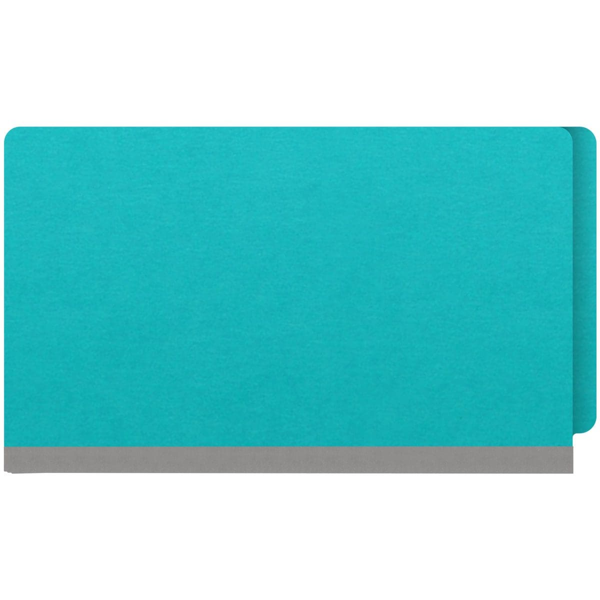 Light blue legal size end tab classification folder with 2" gray tyvek expansion and 2" bonded fasteners on inside front and inside back. 18 pt. paper stock. Packaged 25/125.
