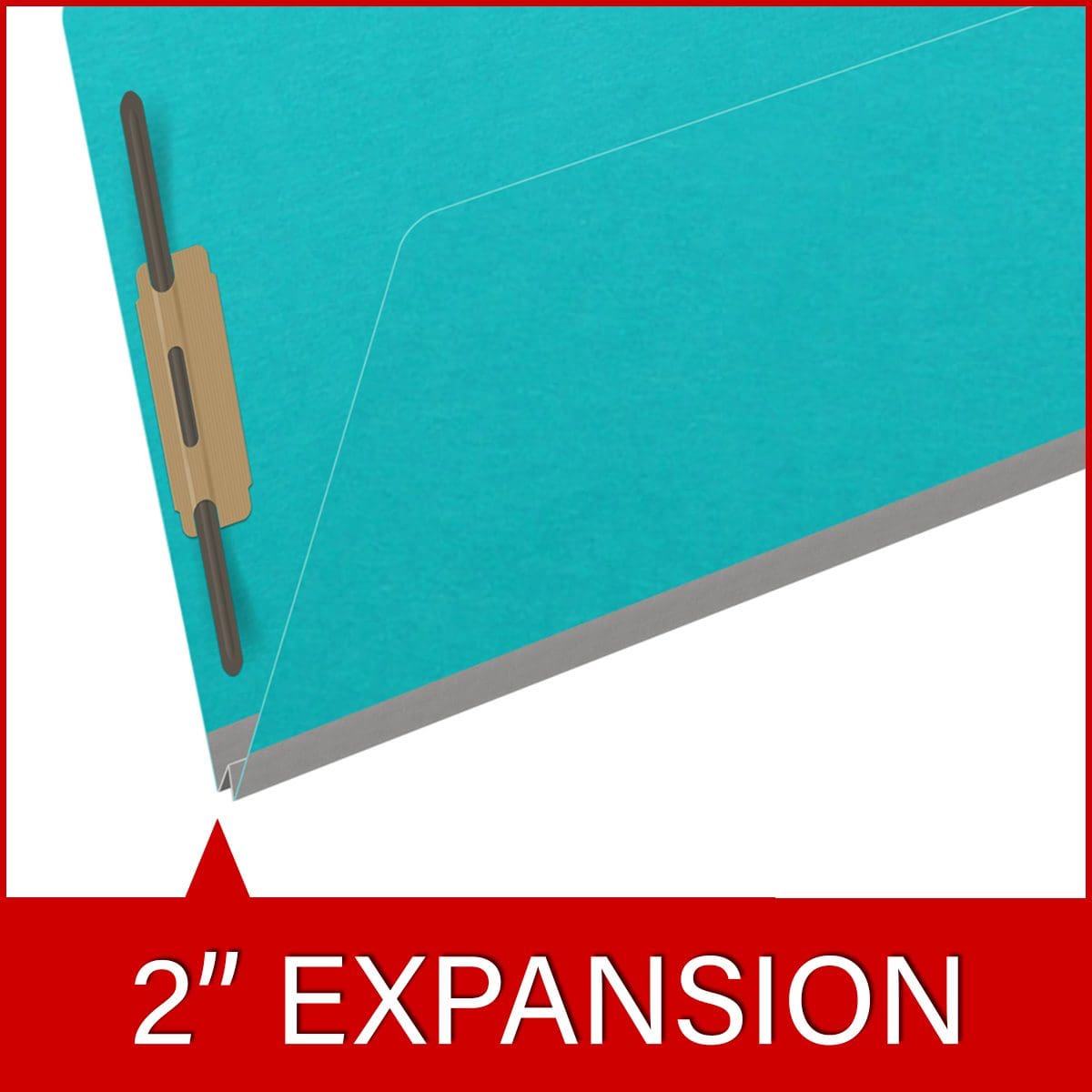 Light blue legal size end tab classification folder with 2" gray tyvek expansion and 2" bonded fasteners on inside front and inside back. 18 pt. paper stock. Packaged 25/125.