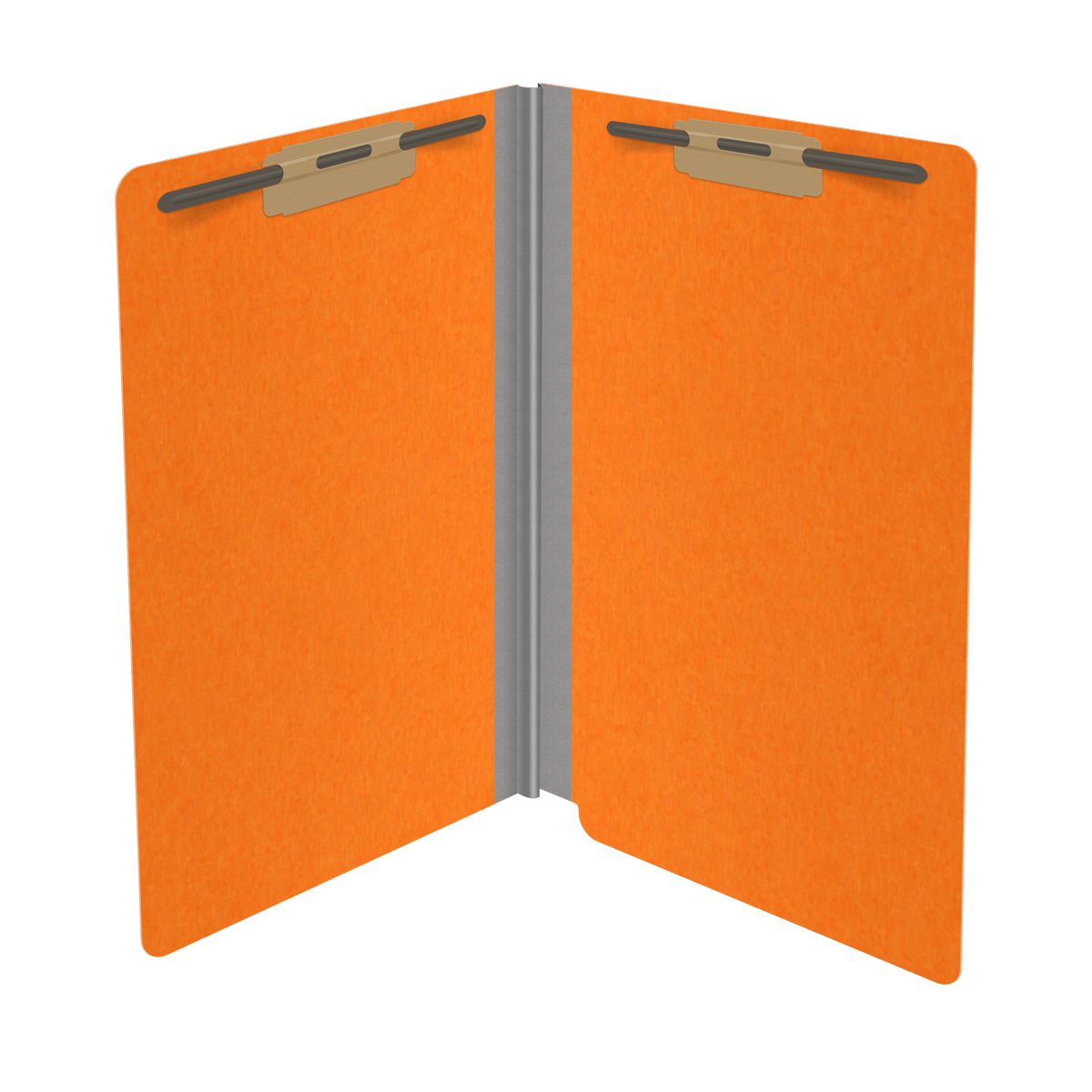 Orange legal size end tab classification folder with 2" gray tyvek expansion and 2" bonded fasteners on inside front and inside back. 18 pt. paper stock. Packaged 25/125.