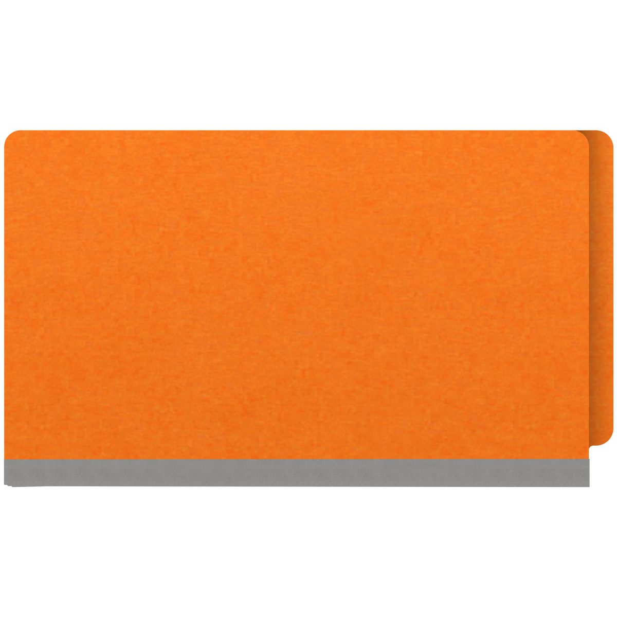 Orange legal size end tab classification folder with 2" gray tyvek expansion and 2" bonded fasteners on inside front and inside back. 18 pt. paper stock. Packaged 25/125.