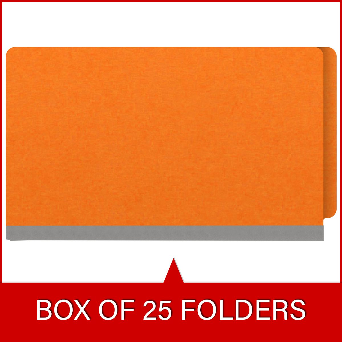 Orange legal size end tab classification folder with 2" gray tyvek expansion and 2" bonded fasteners on inside front and inside back. 18 pt. paper stock. Packaged 25/125.