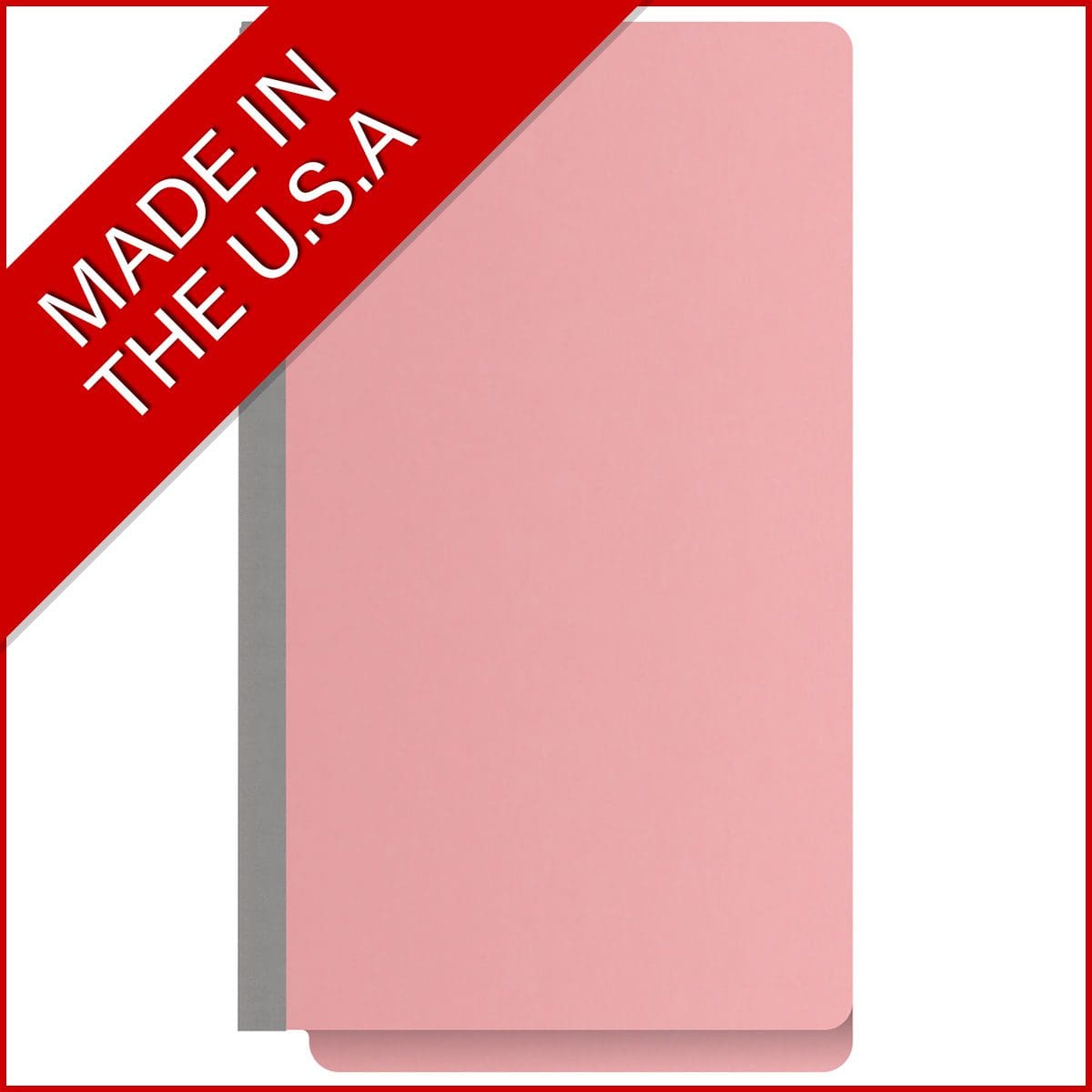 Pink legal size end tab classification folder with 2" gray tyvek expansion and 2" bonded fasteners on inside front and inside back. 18 pt. paper stock. Packaged 25/125.