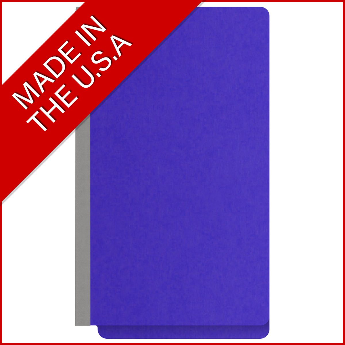 Purple legal size end tab classification folder with 2" gray tyvek expansion and 2" bonded fasteners on inside front and inside back. 18 pt. paper stock. Packaged 25/125.