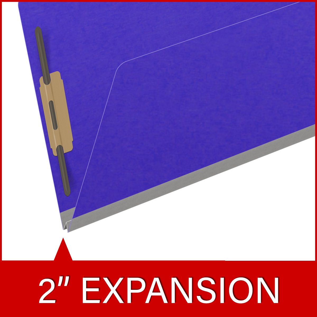Purple legal size end tab classification folder with 2" gray tyvek expansion and 2" bonded fasteners on inside front and inside back. 18 pt. paper stock. Packaged 25/125.