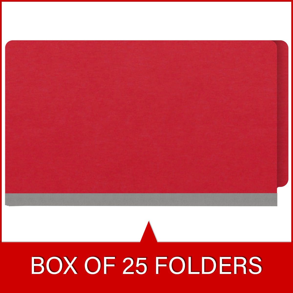 Red legal size end tab classification folder with 2" gray tyvek expansion and 2" bonded fasteners on inside front and inside back. 18 pt. paper stock. Packaged 25/125.