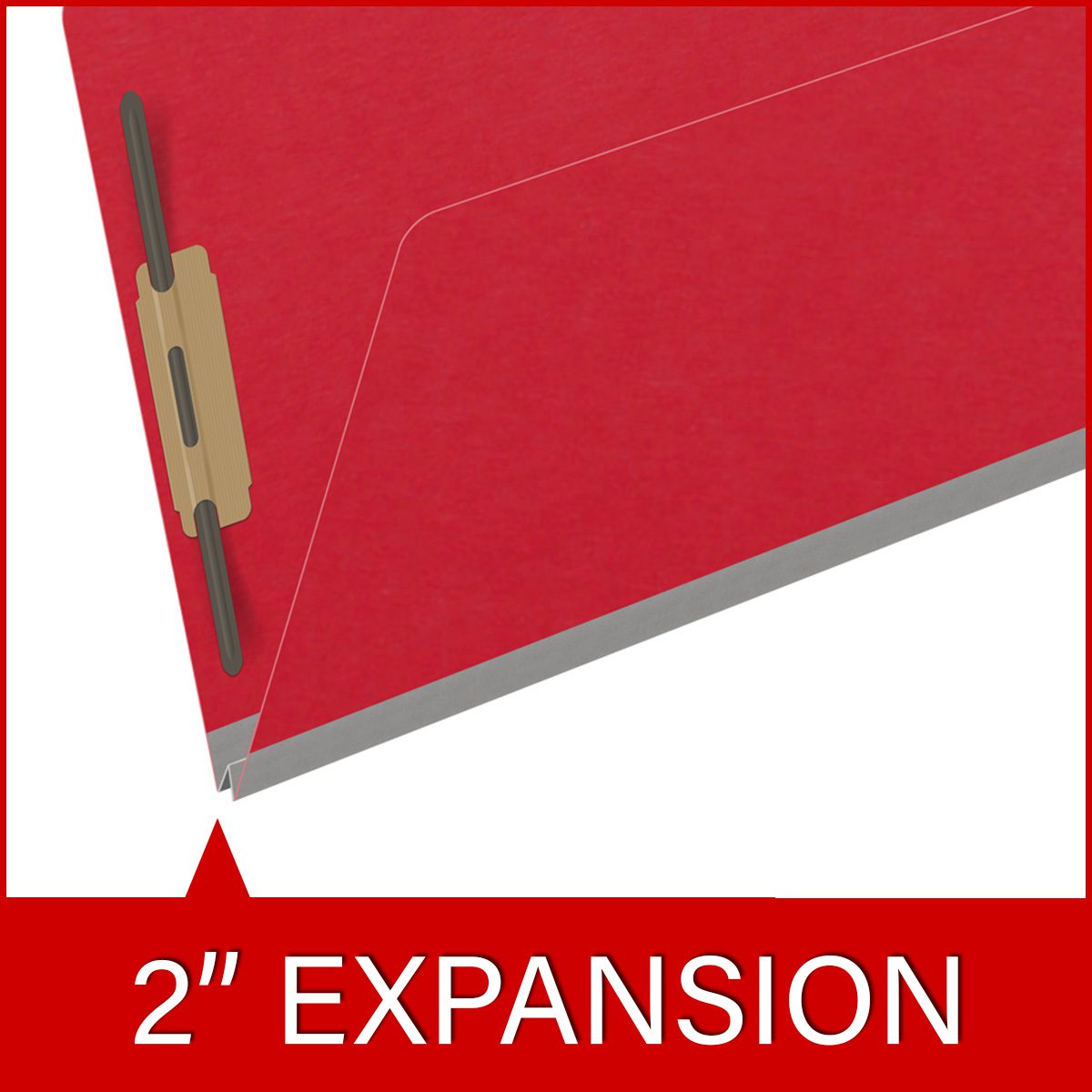 Red legal size end tab classification folder with 2" gray tyvek expansion and 2" bonded fasteners on inside front and inside back. 18 pt. paper stock. Packaged 25/125.