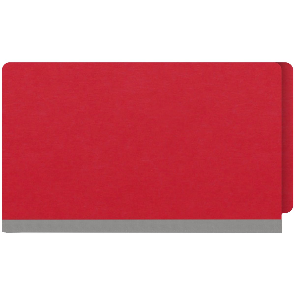 Red legal size end tab classification folder with 2" gray tyvek expansion and 2" bonded fasteners on inside front and inside back. 18 pt. paper stock. Packaged 25/125.