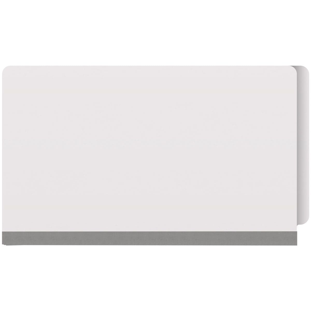 White legal size end tab classification folder with 2" gray tyvek expansion and 2" bonded fasteners on inside front and inside back. 18 pt. paper stock. Packaged 25/125.
