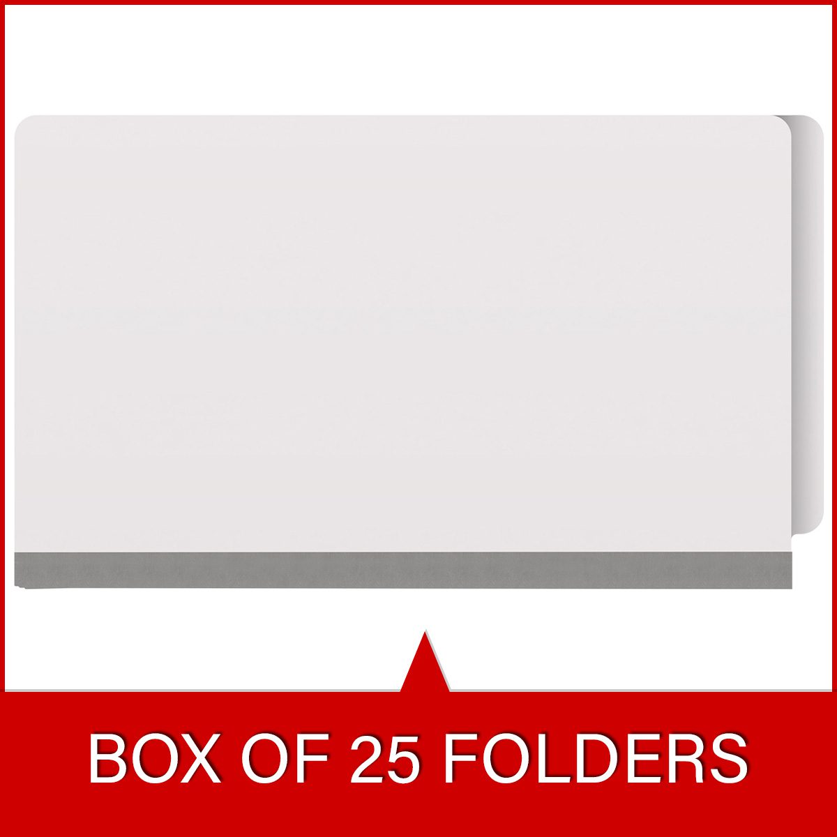 White legal size end tab classification folder with 2" gray tyvek expansion and 2" bonded fasteners on inside front and inside back. 18 pt. paper stock. Packaged 25/125.