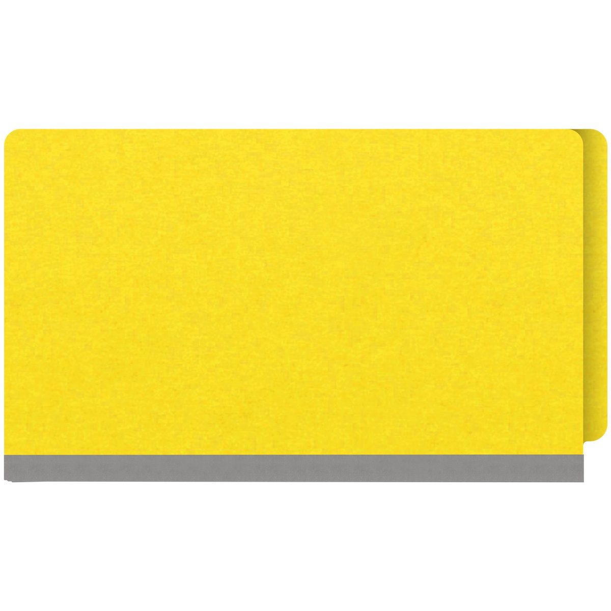 Yellow legal size end tab classification folder with 2" gray tyvek expansion and 2" bonded fasteners on inside front and inside back. 18 pt. paper stock. Packaged 25/125.