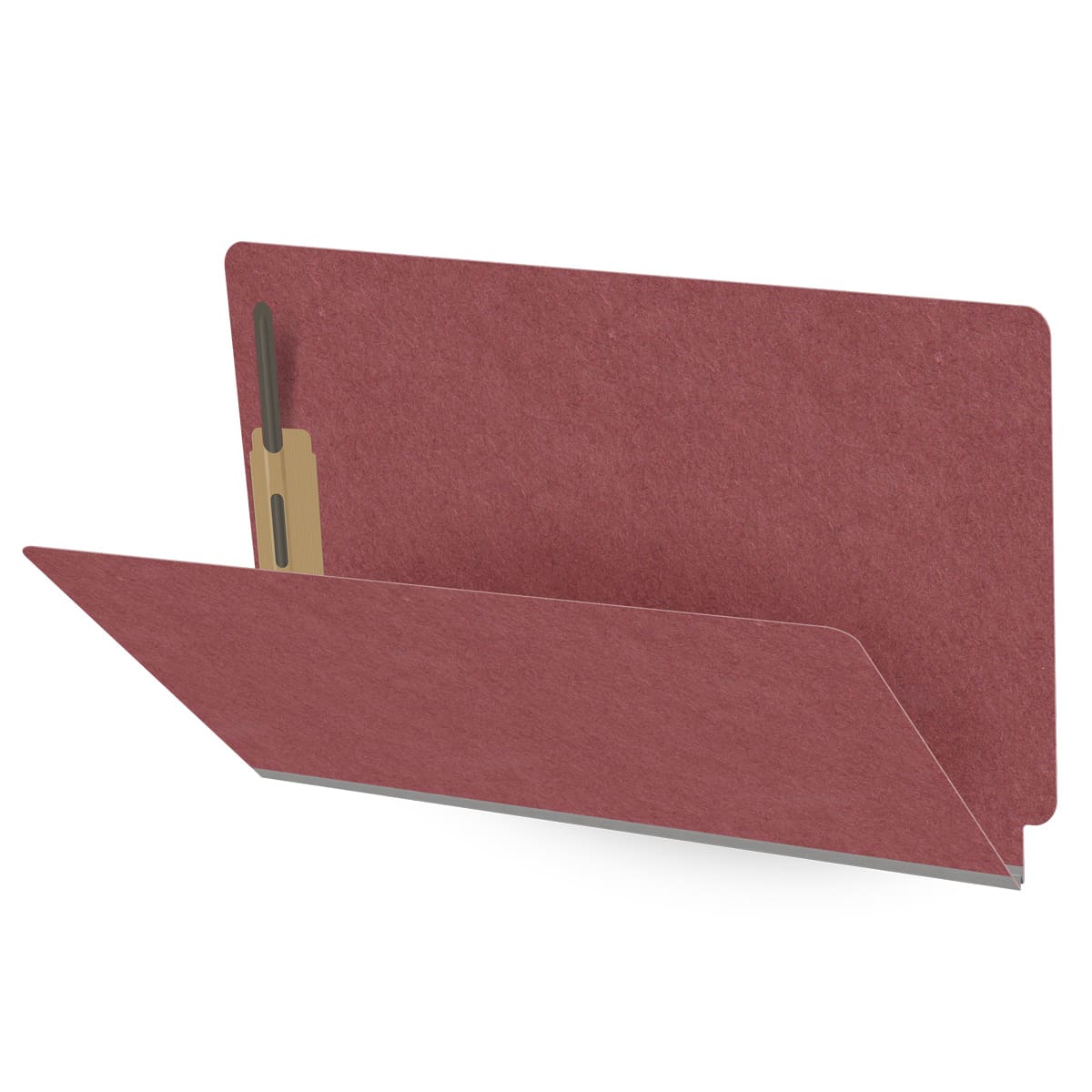 Dark red legal size end tab classification folder with 2" russet brown tyvek expansion and 2" bonded fasteners on inside front and inside back. 25 pt type 3 pressboard stock. Packaged 25/125.