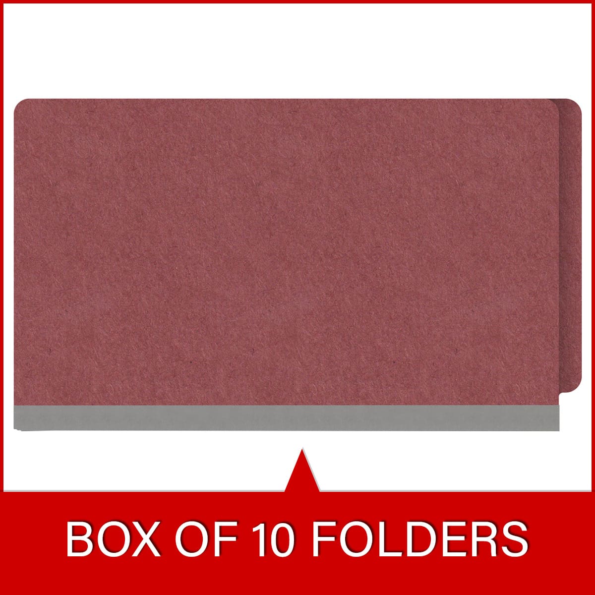 Dark red legal size end tab classification folder with 2" russet brown tyvek expansion and 2" bonded fasteners on inside front and inside back. 25 pt type 3 pressboard stock, 25/Box