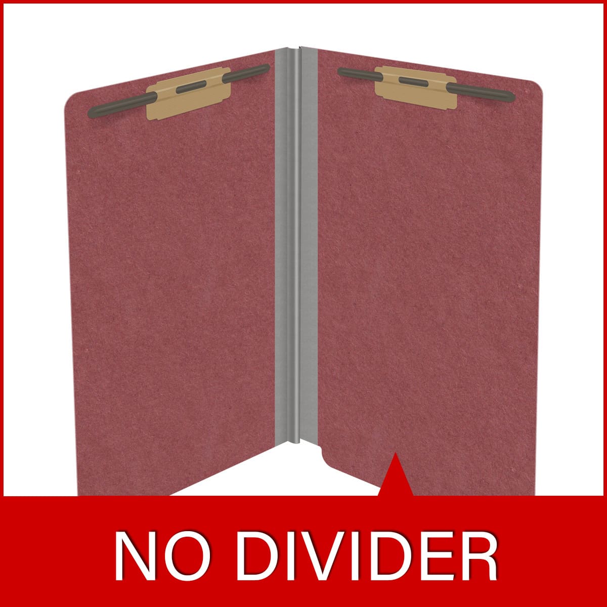 Dark red legal size end tab classification folder with 2" russet brown tyvek expansion and 2" bonded fasteners on inside front and inside back. 25 pt type 3 pressboard stock. Packaged 25/125.