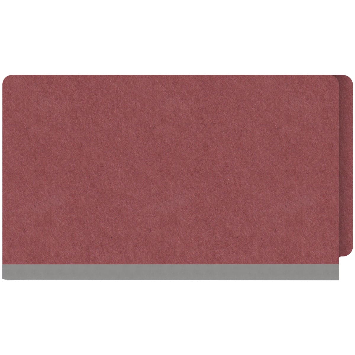 Dark red legal size end tab classification folder with 2" russet brown tyvek expansion and 2" bonded fasteners on inside front and inside back. 25 pt type 3 pressboard stock, 25/Box