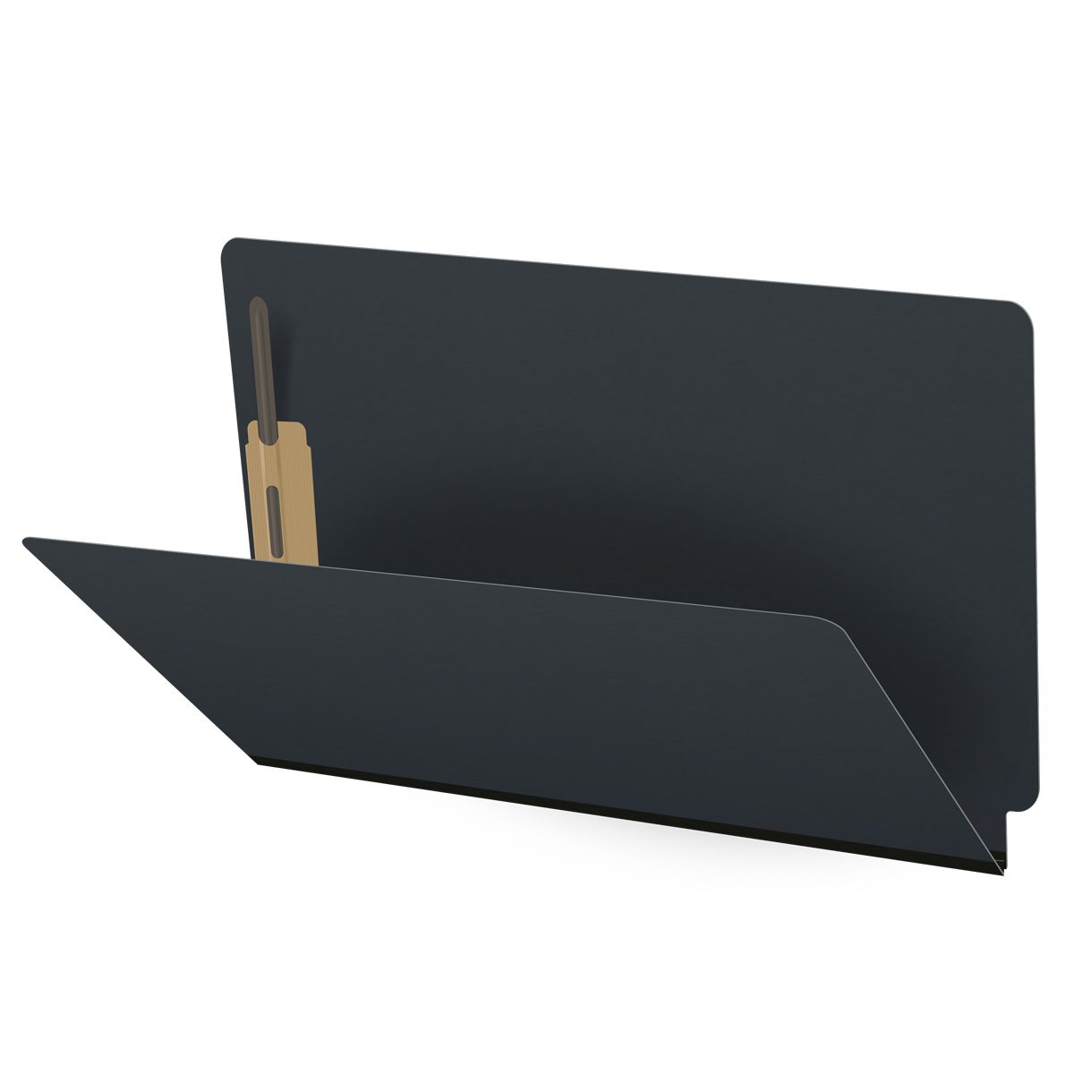 Black legal size end tab classification folder with 2" gray tyvek expansion and 2" bonded fasteners on inside front and inside back. 25 pt type 3 pressboard stock. Packaged 25/125.
