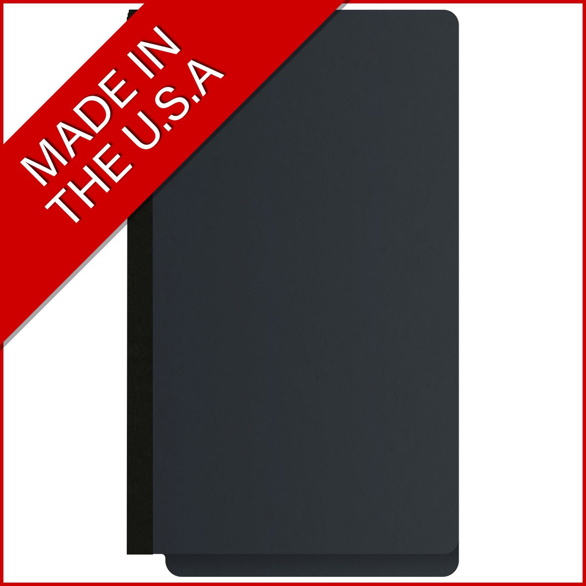 Black legal size end tab classification folder with 2" gray tyvek expansion and 2" bonded fasteners on inside front and inside back. 25 pt type 3 pressboard stock. Packaged 25/125.