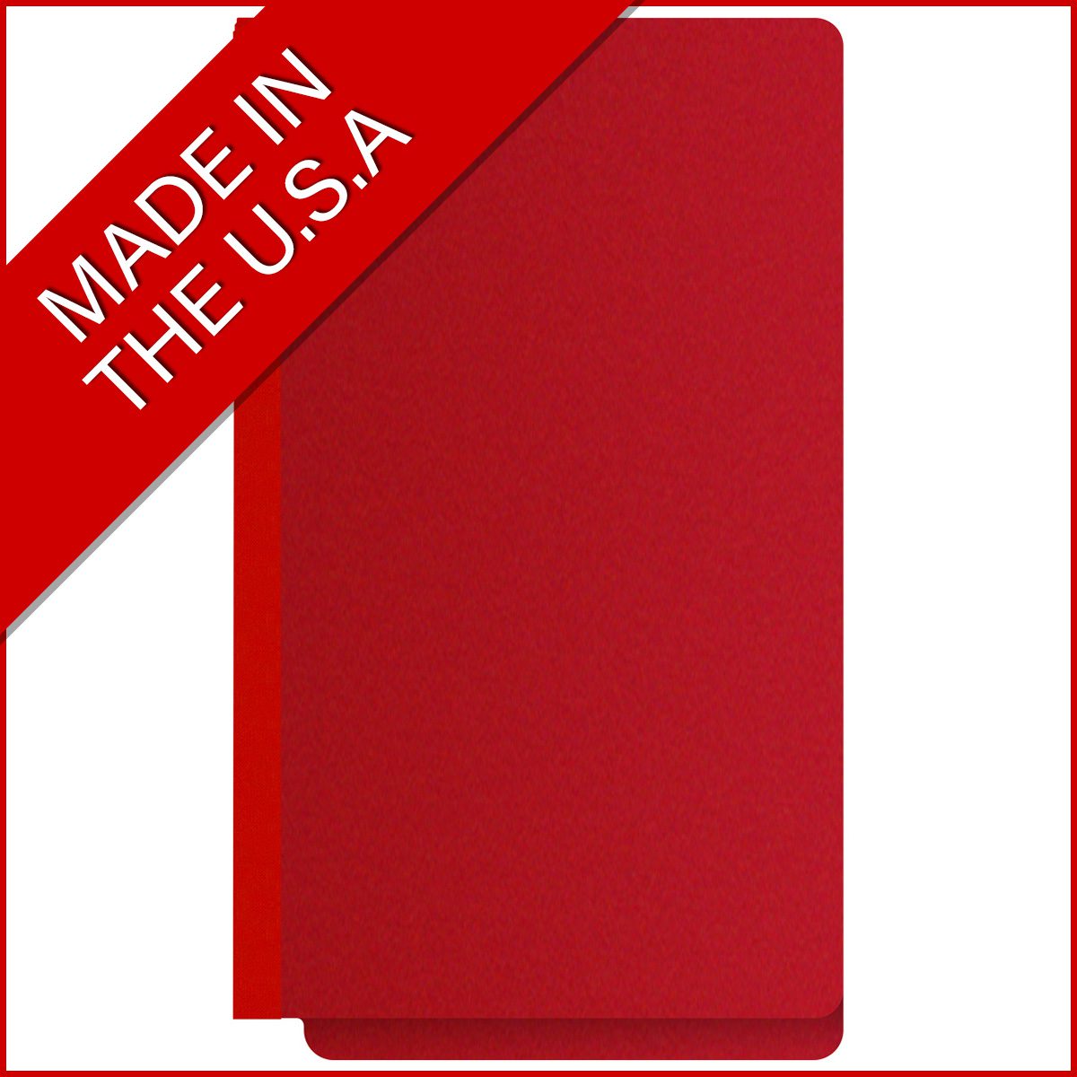 Deep red legal size end tab classification folder with 2" gray tyvek expansion and 2" bonded fasteners on inside front and inside back. 25 pt type 3 pressboard stock. Packaged 25/125