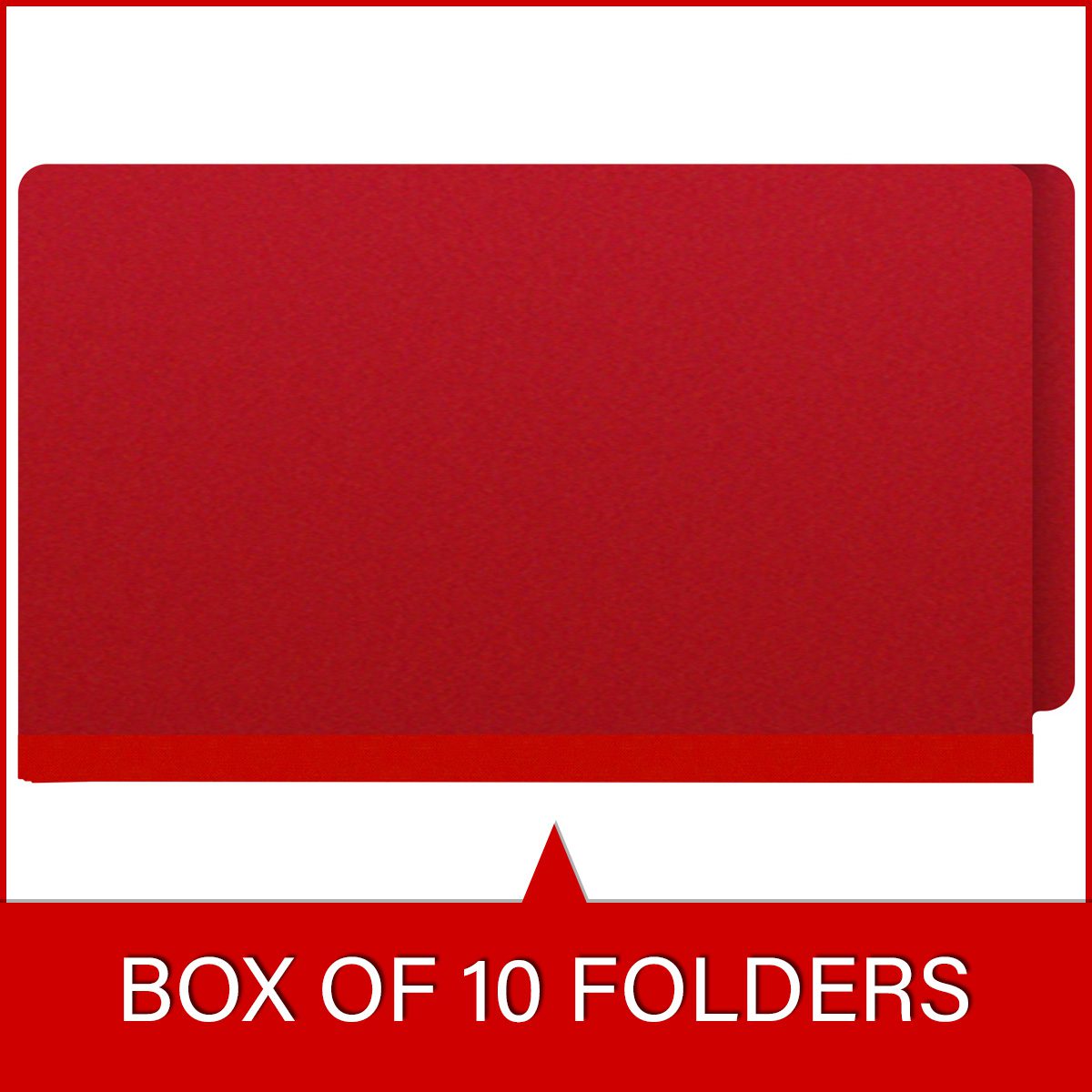 Deep red legal size end tab classification folder with 2" gray tyvek expansion and 2" bonded fasteners on inside front and inside back. 25 pt type 3 pressboard stock, 25/Box
