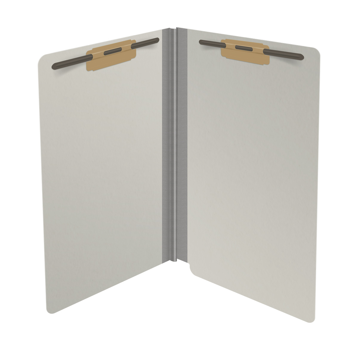 Grey legal size end tab classification folder with 2" gray tyvek expansion and 2" bonded fasteners on inside front and inside back. 25 pt type 3 pressboard stock. Packaged 25/125.