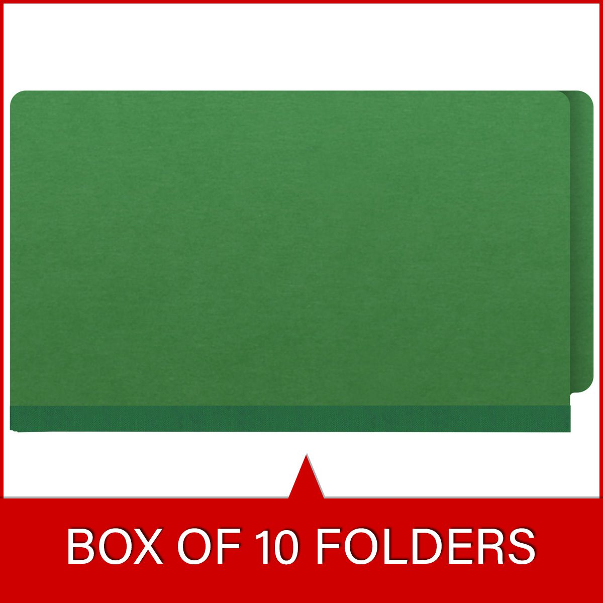 Moss green legal size end tab classification folder with 2" dark green tyvek expansion and 2" bonded fasteners on inside front and inside back. 25 pt type 3 pressboard stock. Packaged 25/125