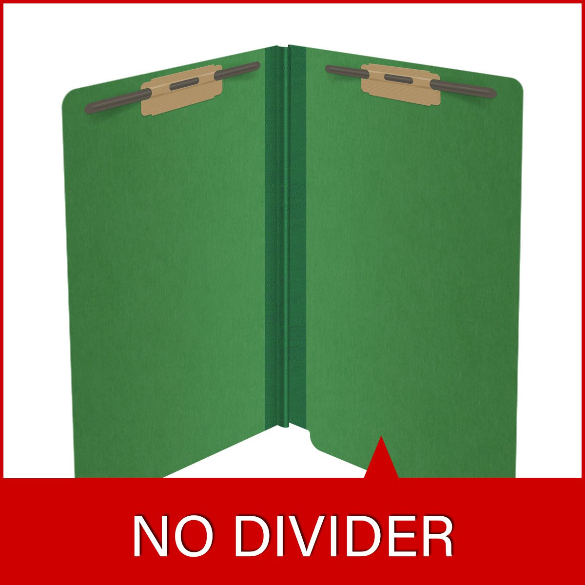 Moss green legal size end tab classification folder with 2" dark green tyvek expansion and 2" bonded fasteners on inside front and inside back. 25 pt type 3 pressboard stock. Packaged 25/125