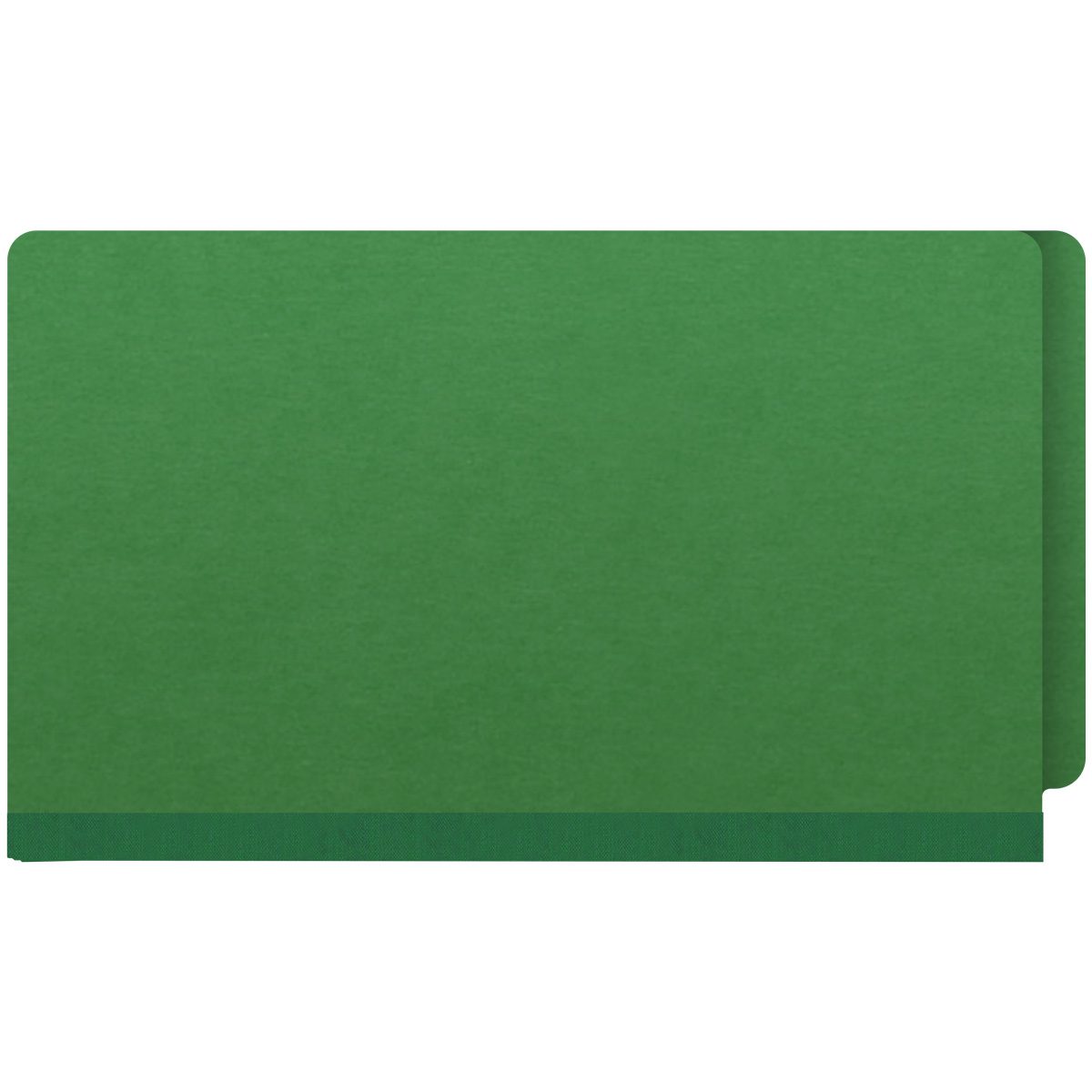 Moss green legal size end tab classification folder with 2" dark green tyvek expansion and 2" bonded fasteners on inside front and inside back. 25 pt type 3 pressboard stock, 25/Box