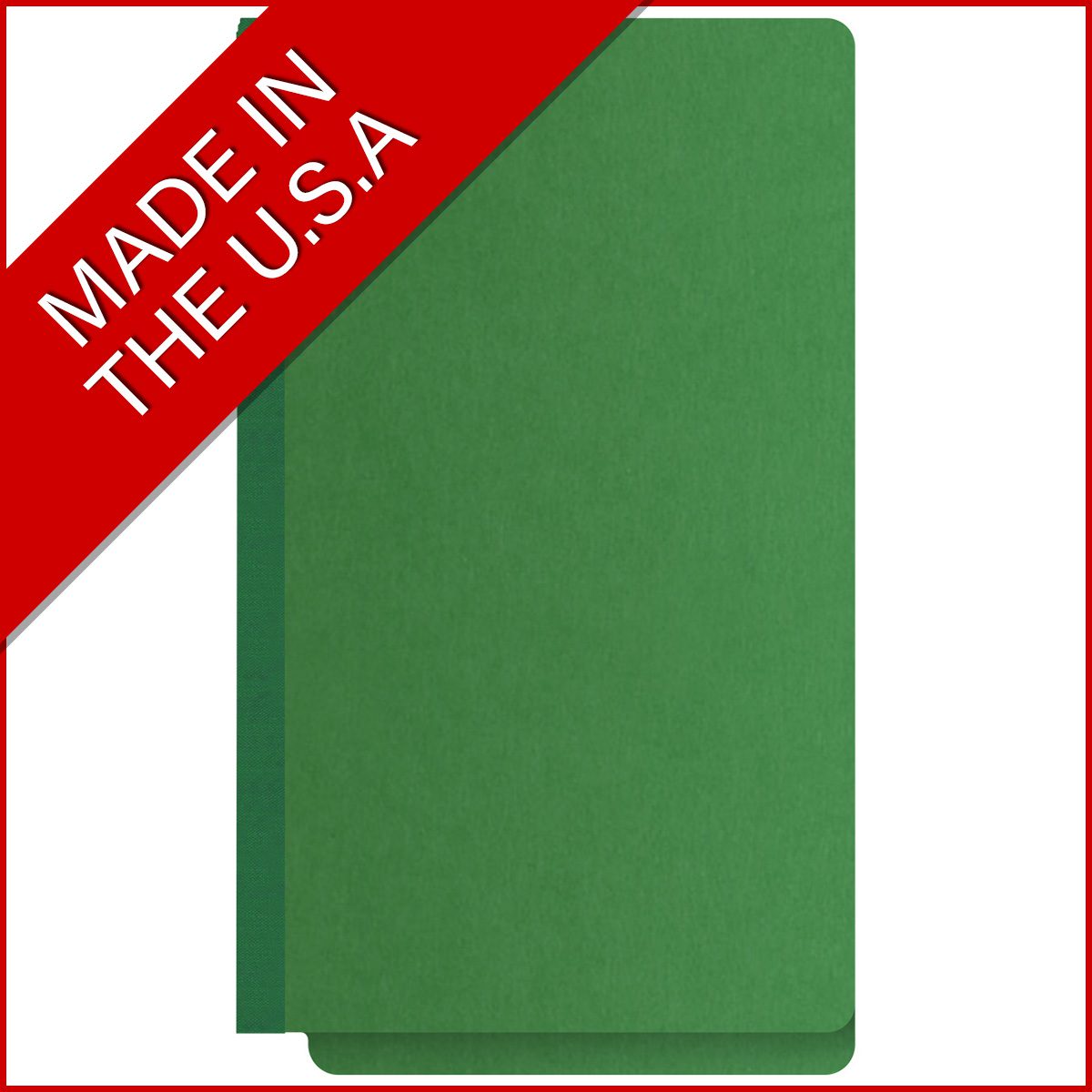 Moss green legal size end tab classification folder with 2" dark green tyvek expansion and 2" bonded fasteners on inside front and inside back. 25 pt type 3 pressboard stock. Packaged 25/125