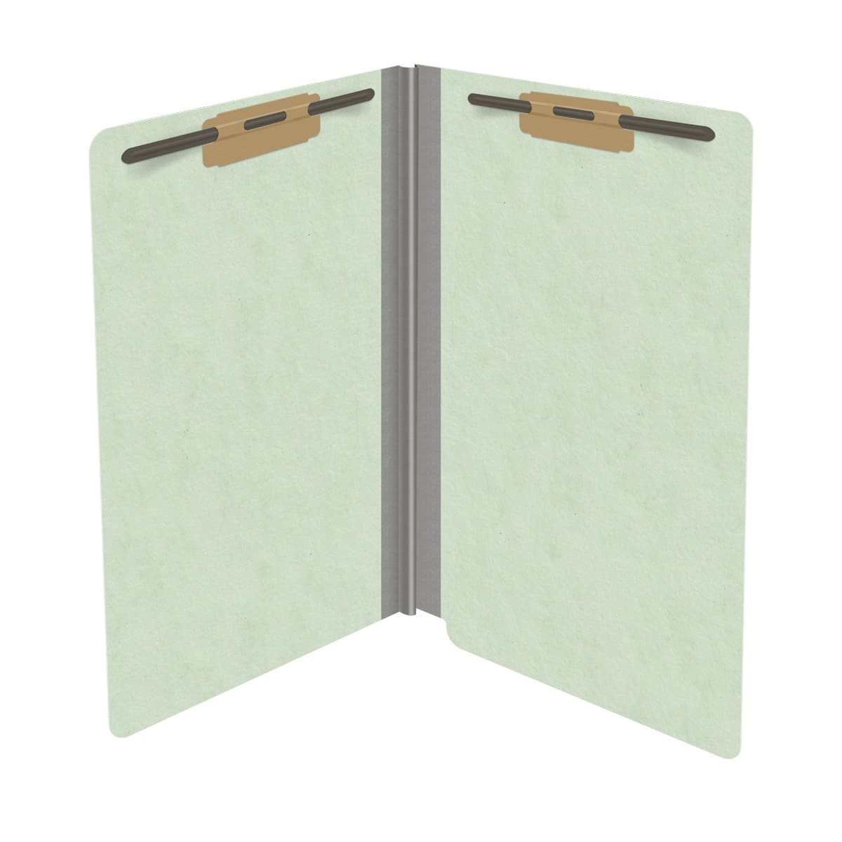 Pale green legal size end tab classification folder with 2" gray tyvek expansion and 2" bonded fasteners on inside front and inside back. 25 pt type 3 pressboard stock. Packaged 25/125.