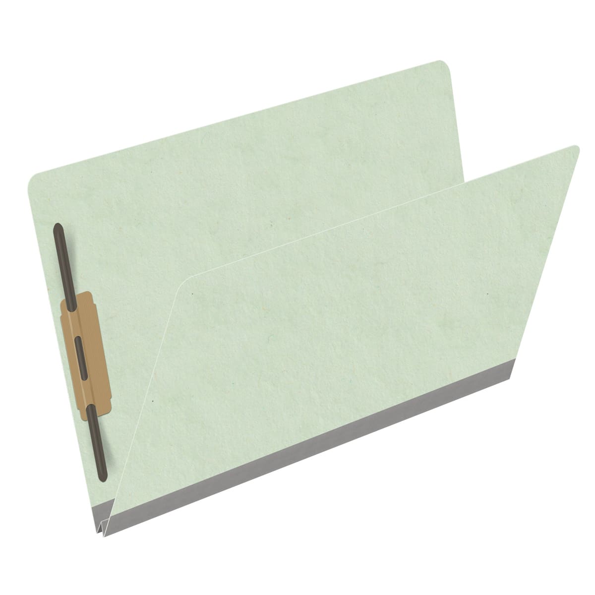 Pale green legal size end tab classification folder with 2" gray tyvek expansion and 2" bonded fasteners on inside front and inside back. 25 pt type 3 pressboard stock. Packaged 25/125.
