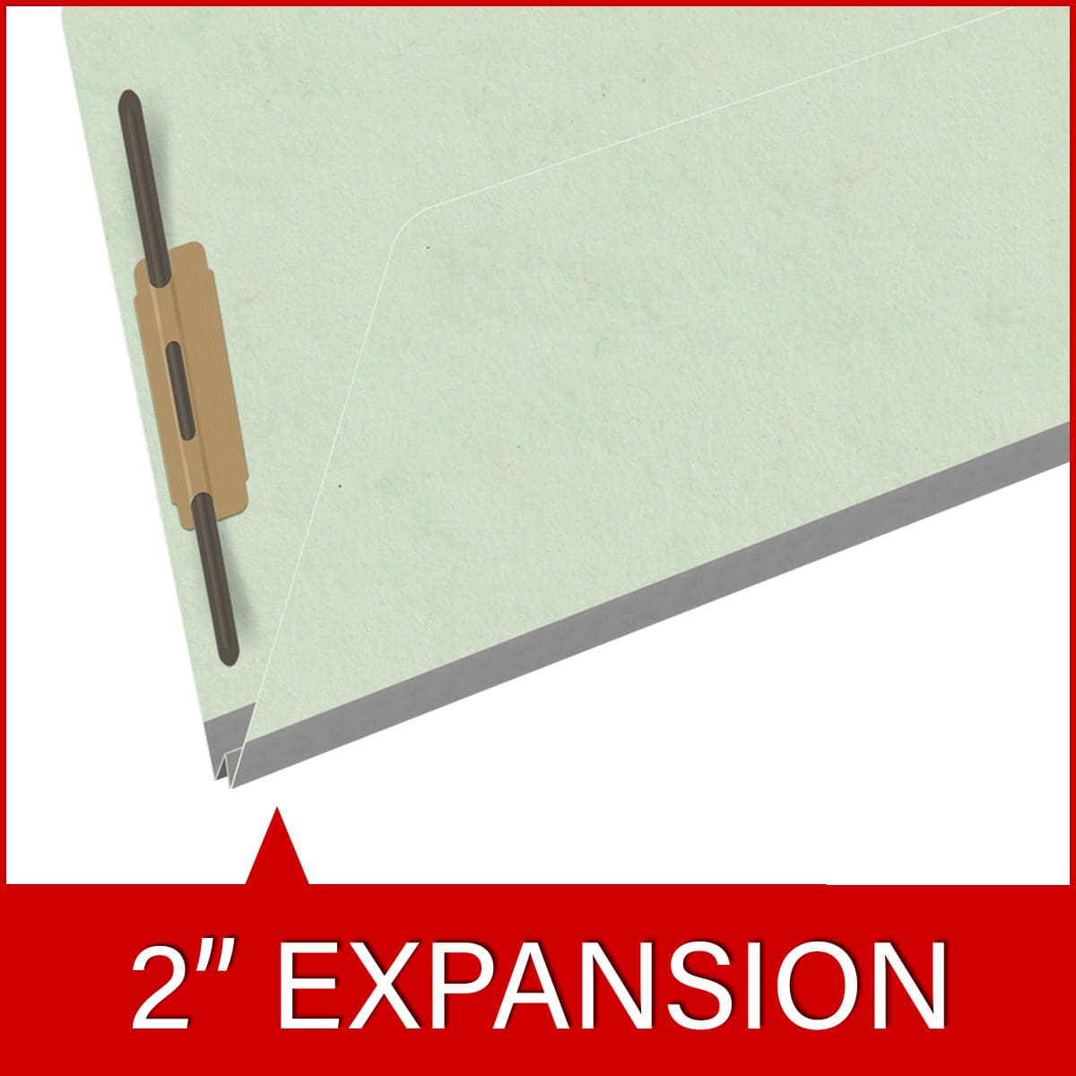 Pale green legal size end tab classification folder with 2" gray tyvek expansion and 2" bonded fasteners on inside front and inside back. 25 pt type 3 pressboard stock, 25/Box