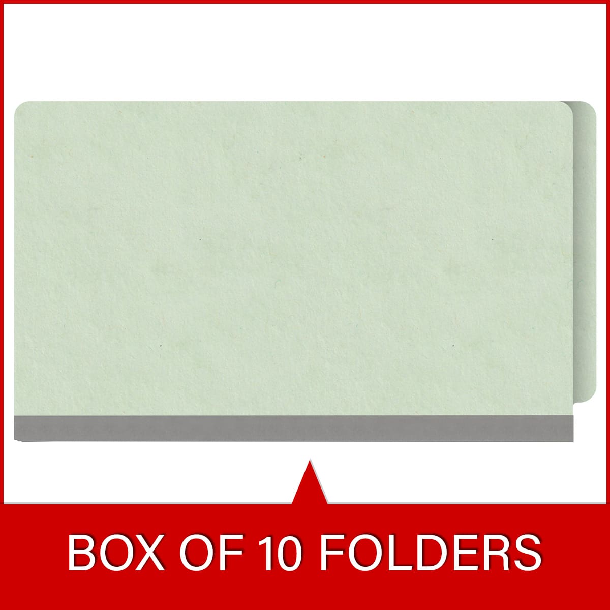 Pale green legal size end tab classification folder with 2" gray tyvek expansion and 2" bonded fasteners on inside front and inside back. 25 pt type 3 pressboard stock. Packaged 25/125.
