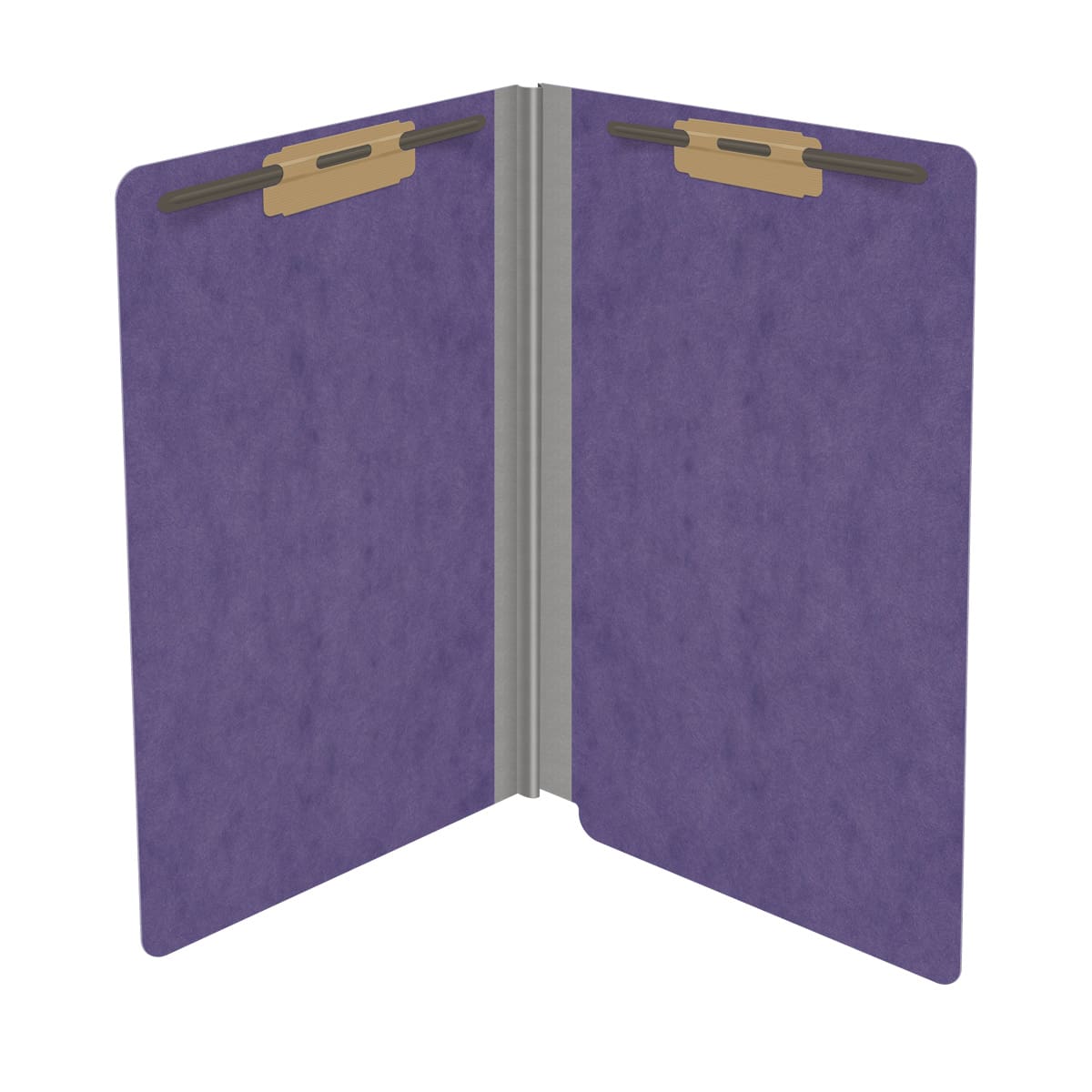 Purple legal size end tab classification folder with 2" gray tyvek expansion and 2" bonded fasteners on inside front and inside back. 25 pt type 3 pressboard stock. Packaged 25/125.
