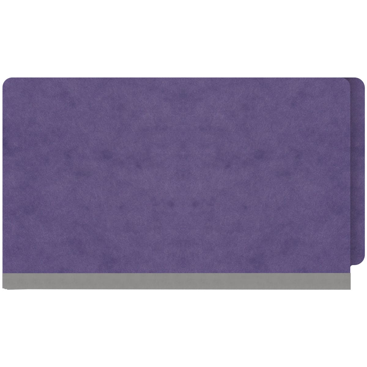 Purple legal size end tab classification folder with 2" gray tyvek expansion and 2" bonded fasteners on inside front and inside back. 25 pt type 3 pressboard stock. Packaged 25/125.