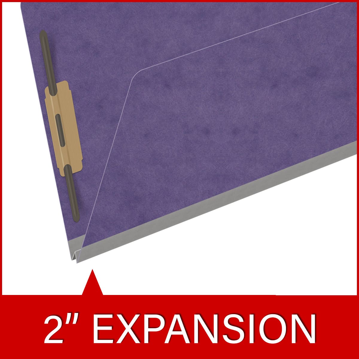 Purple legal size end tab classification folder with 2" gray tyvek expansion and 2" bonded fasteners on inside front and inside back. 25 pt type 3 pressboard stock, 25/Box