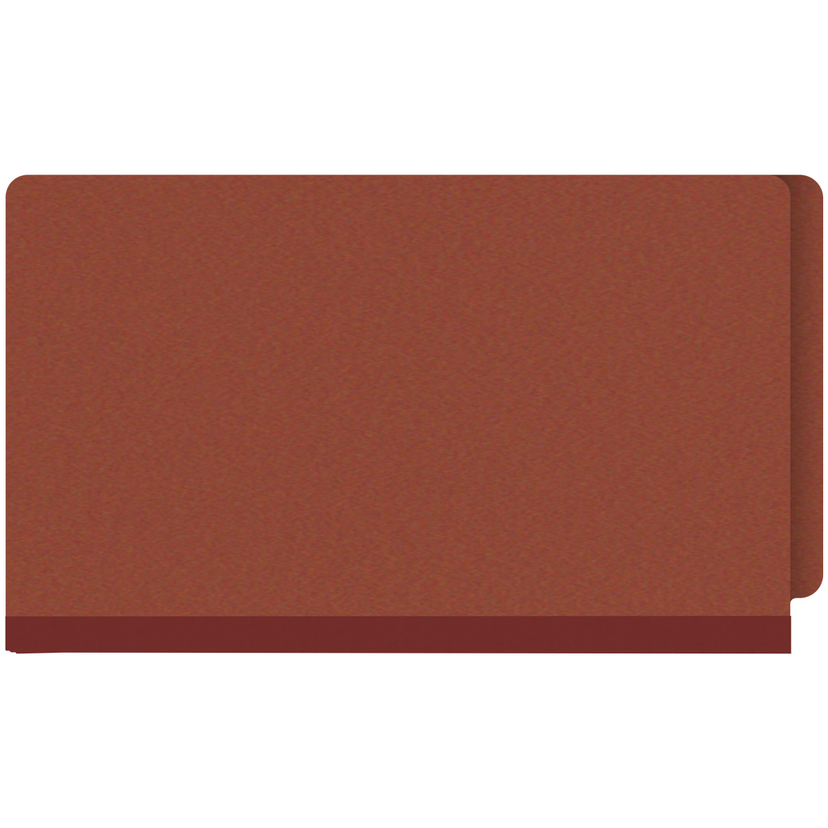 Red legal size end tab classification folder with 2" russet brown tyvek expansion and 2" bonded fasteners on inside front and inside back. 25 pt type 3 pressboard stock. Packaged 25/125.