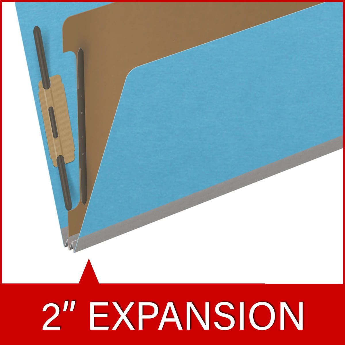 Blue legal size end tab classification folder with 2" gray tyvek expansion, with 2" bonded fasteners on inside front and inside back and 1" duo fastener on divider. 18 pt. paper stock and 17 pt brown kraft dividers. Packaged 10/50.