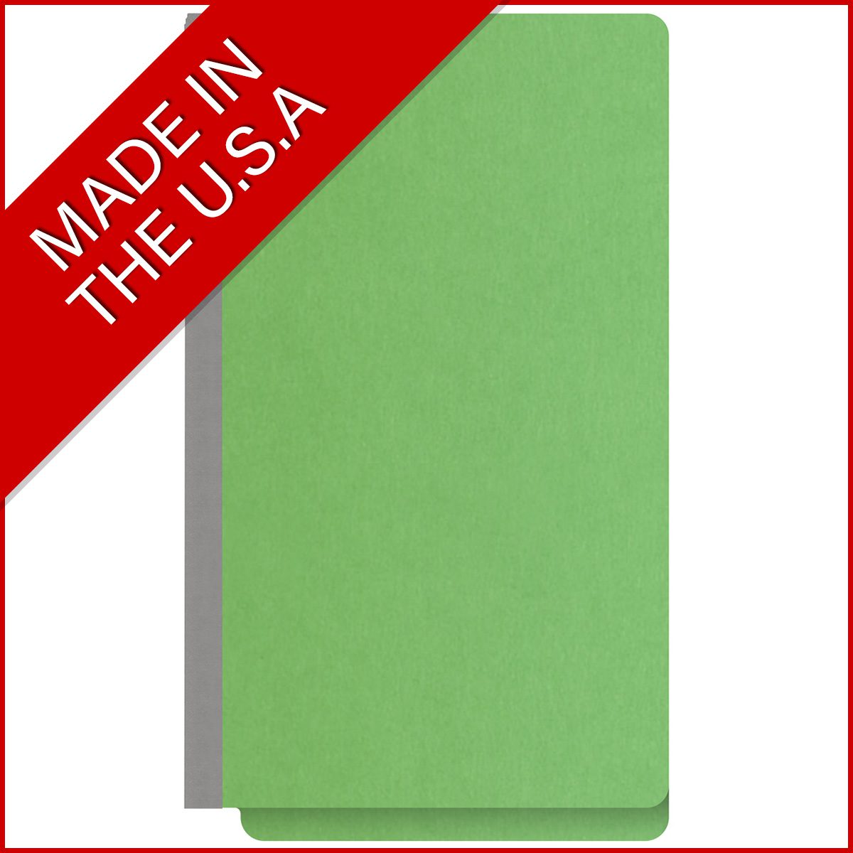 Green legal size end tab classification folder with 2" gray tyvek expansion, with 2" bonded fasteners on inside front and inside back and 1" duo fastener on divider. 18 pt. paper stock and 17 pt brown kraft dividers. Packaged 10/50.