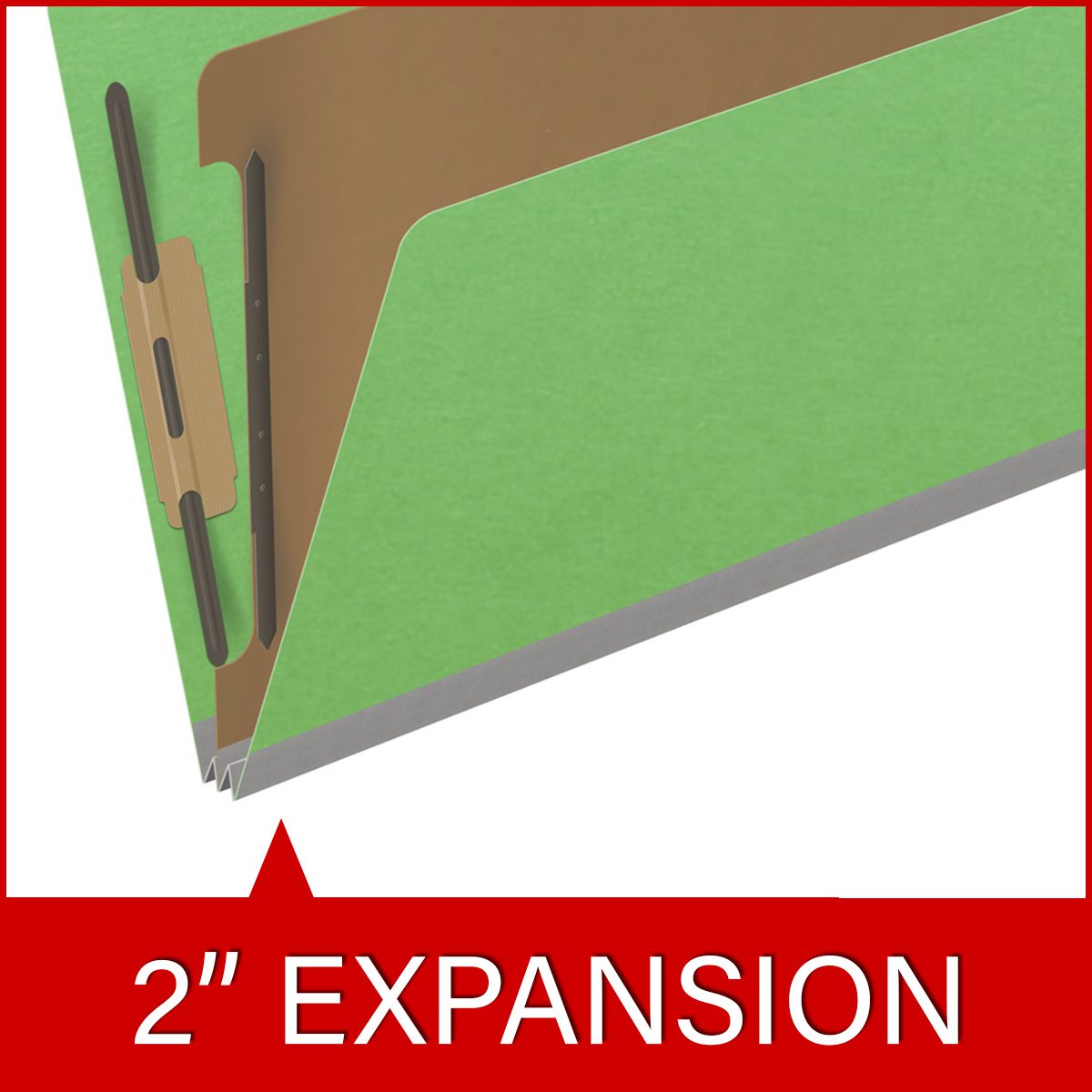 Green legal size end tab classification folder with 2" gray tyvek expansion, with 2" bonded fasteners on inside front and inside back and 1" duo fastener on divider. 18 pt. paper stock and 17 pt brown kraft dividers. Packaged 10/50.