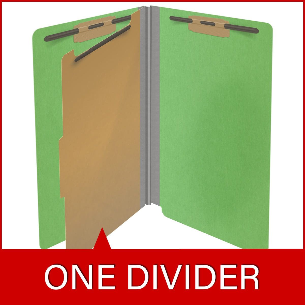 Green legal size end tab classification folder with 2" gray tyvek expansion, with 2" bonded fasteners on inside front and inside back and 1" duo fastener on divider. 18 pt. paper stock and 17 pt brown kraft dividers. Packaged 10/50.