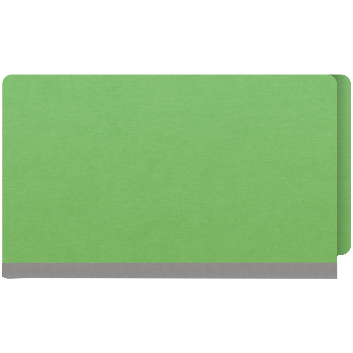 Green legal size end tab classification folder with 2" gray tyvek expansion, with 2" bonded fasteners on inside front and inside back and 1" duo fastener on divider. 18 pt. paper stock and 17 pt brown kraft dividers. Packaged 10/50.